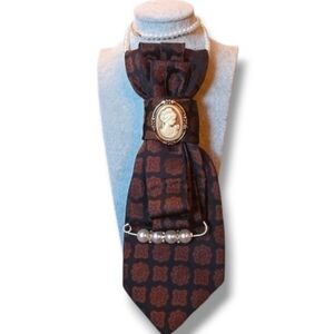 Silk Folded One Of A Kind Cravat in Black and Rust Witj CAMEO and Beaded Pin